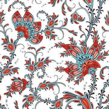 Embroidery seamless vector print with paisley flowers. Persian traditional apparel pattern using boteh. Floral buta background for clothes design, fabrics, textile, household items or handmade crafts