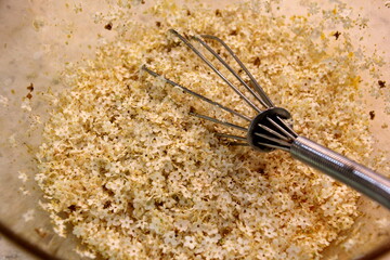 elderberry flowers trauma with yellow dough and sparkling spoon, elderberry flowers pancake making