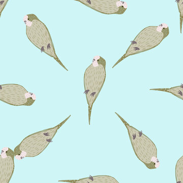 Minimalistic tropical zoo seamless pattern with simple grey parrot ornament. Blue background. Cartoon print.
