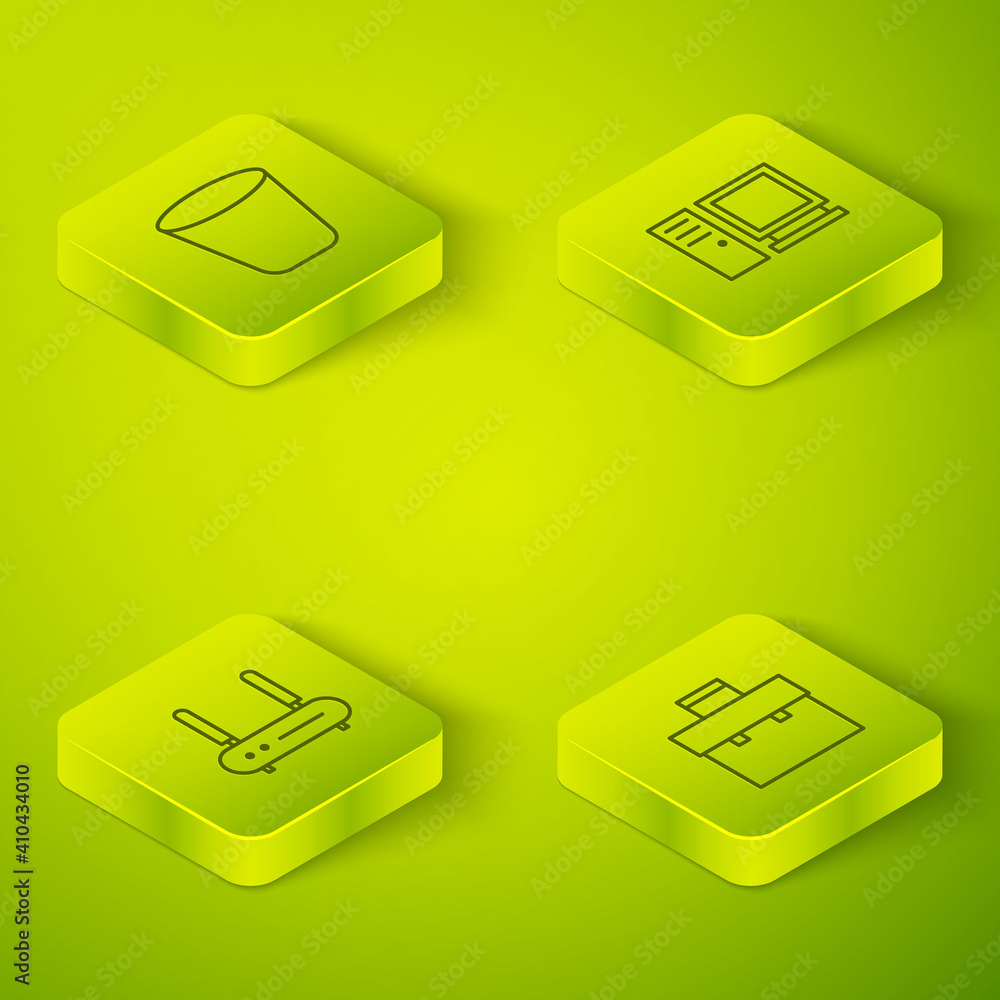 Poster set isometric computer monitor, router and wi-fi signal, briefcase and trash can icon. vector.