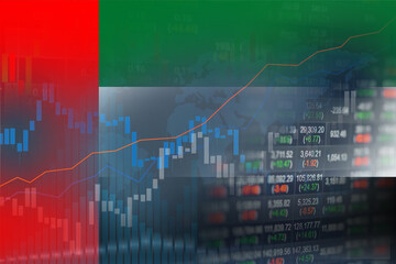 Stock market investment trading financial, coin and UAE, United Arab Emirates flag or Forex for analyze profit finance business trend data background.