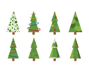 Christmas trees icon set isolated snow. Pine tree New Year decoration. Vector illustration.