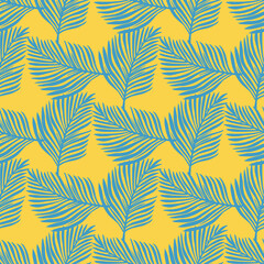 Fototapeta na wymiar Abstract seamless pattern with doodle blue fern leaves silhouettes. Yellow bright background. Doodle style.