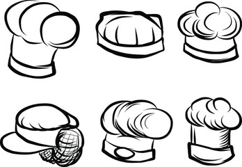 Hand drawn chef hat vector set.skatch design and pencil draw assetsary of chef. a set of cooking and kitchen.White Helmet and cooking suit.