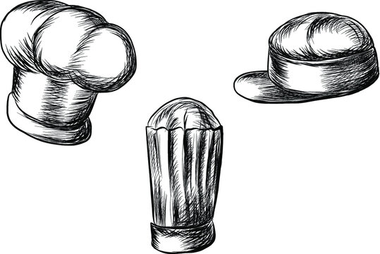 Hand drawn chef hat vector set.skatch design and pencil draw assetsary of chef. a set of cooking and kitchen.White Helmet and cooking suit.