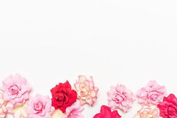 Frame made of rose flowers on white background. Top view with copy space.