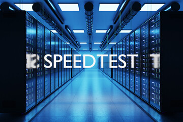 speedtest logo in large modern data center with multiple rows of network internet server racks, 3D Illustration