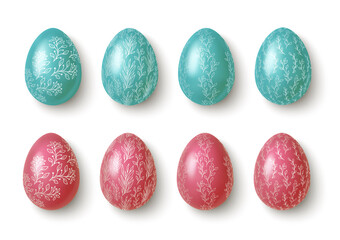 Realistic pink and blue easter eggs with flower ornaments. Vector