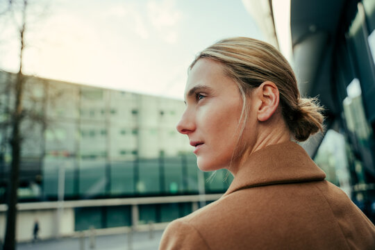 Portrait Of Beautiful Caucasian Business Woman Walking To Work Office Dressed Smartly