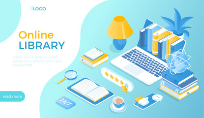 Online Library. E-library application, Electronic books, Virtual cloud storage, Archive. A shelf with books in a laptop, open book on tablet. Isometric vector illustration for website.