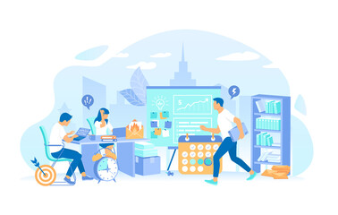 Business team working in an office overtime. Stress and mess in the office. Deadline Asap. All in a hurry to complete the tasks. Vector illustration flat style.