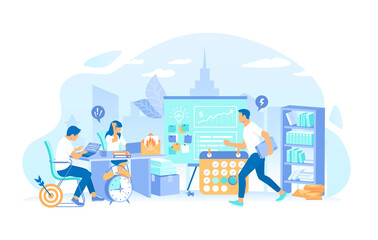 Fototapeta premium Business team working in an office overtime. Stress and mess in the office. Deadline Asap. All in a hurry to complete the tasks. Vector illustration flat style.