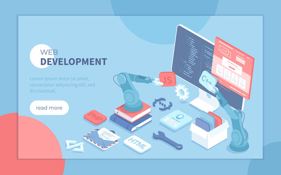 Web Development. Software Engineering and Coding Website Application. Full stack web development. Program code on the monitor screen. Isometric vector illustration for banner, website