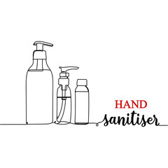 Continuous one line drawing silhouette and lettering of a hand sanitiser. Health concept. Vector illustration isolated on the white background.