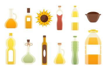 Vector oil bottles illustrations. Sunflower, olive, corn, seed, walnut, avocado oil. Isolated cartoon set icon sunflower product. Organic healthy product seed oils.