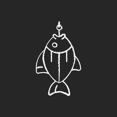 Fish on hook chalk white icon on black background. Fishing tournament. Anglers trophy. Sea food restoration. Commercial fishing process. Active rest. Isolated vector chalkboard illustration