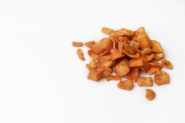 Crunchy and spicy snacks cracker on white background. Malaysian traditional snacks, shrimps flavour cracker.