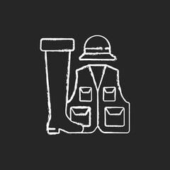 Fishermans clothing and accessories chalk white icon on black background. Specail wearing for comfortable fishing. Hobby and leasure idea. Isolated vector chalkboard illustration