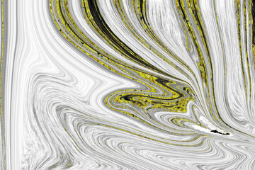 Wavy graphic design. Gold and white inkscape look teamed with curvy type, luxurious metallic and acid-bright colors. Liquid marble abstract background. Illustration art. Molten and mesmerizing.