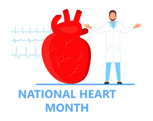 National Heart Month concept vector. Heart diseases with medical bag and EKG. Medical template of hypotension and hypertension disease.