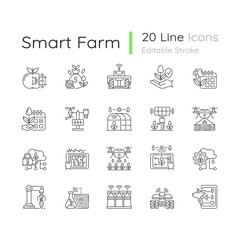 Smart farm system linear icons set. Innovation technology. Industry automatization. Agrotechnology. Customizable thin line contour symbols. Isolated vector outline illustrations. Editable stroke