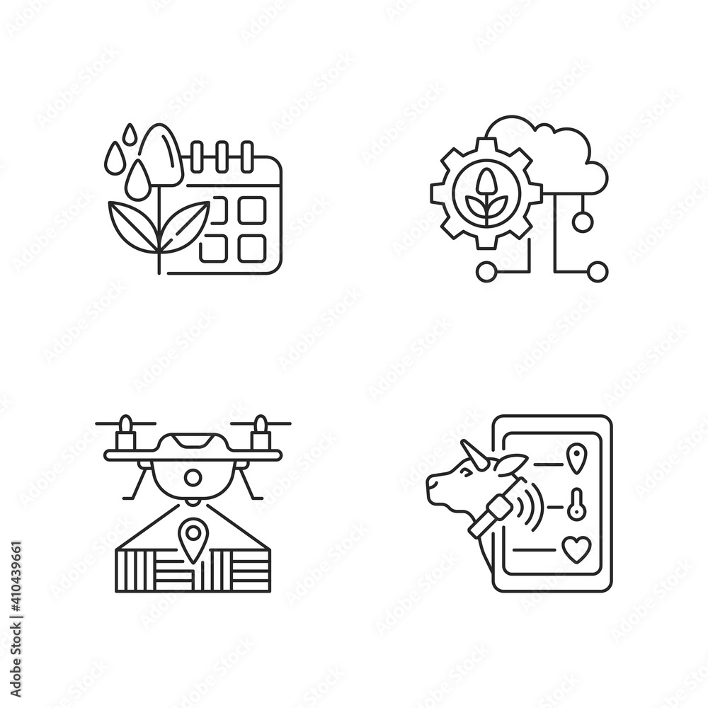 Poster smart farm linear icons set. irrigation scheduling. cloud computing. drone mapping. electronic syste