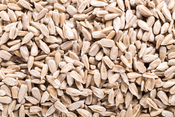 Background of big raw peeled sunflower seeds, situated arbitrarily.