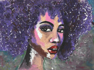Pop art african woman portrait with curly violet hair hand drawn modern style acrylic on canvas. 