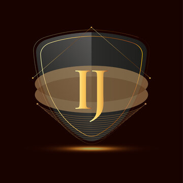 Initial logo letter IJ with shield Icon golden color isolated on dark background, logotype design for company identity.