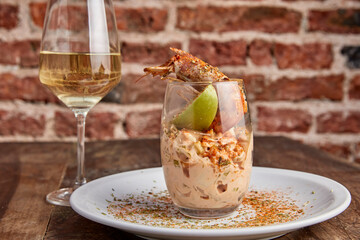 Shrimp Cocktail with a glass of wine.