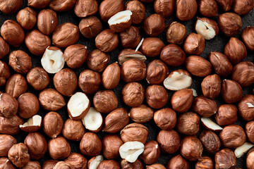 Close up of Hazelnut kernels - Food Frame Background, macro detailed close up.