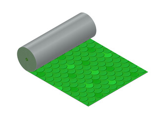 Isometric vector illustration roll green shingles bitumen roofing cover isolated on white background. Realistic shingles for roof covering vector icon in flat cartoon style. Construction material.