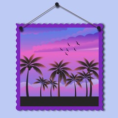 picture with palm trees on the background of sunset