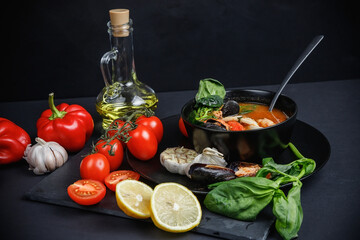Soup with seafood and vegetables. Still life on a dark background.