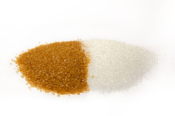 White and brown sugar on white background