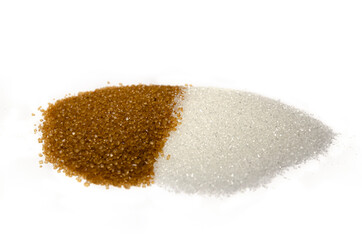 White and brown sugar on white background