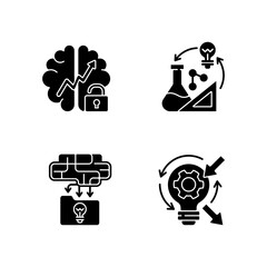 Creative thinking black glyph icons set on white space. Growth mindset. Improving reflection skills. Organizing information. Creativity in STEM. Silhouette symbols. Vector isolated illustration