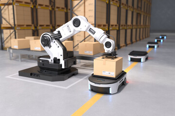 The Robot arm picks up the box to Autonomous Robot transportation in warehouses, Warehouse automation concept.