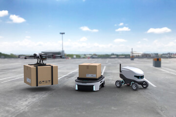 Autonomous delivery robot, Self-driving robot, Delivery drone, Business air transportation concept.
