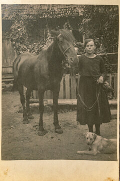 Latvia - CIRCA 1920s: Young female portrait with a horse in garden. Vintage Carte de Viste Edwardian era photo