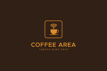 Coffee Logo. A Cup of Smoky Coffee with Wifi Signal Combination in Gold Color isolated on Brown Background. Flat Vector Icon Design Template Element.