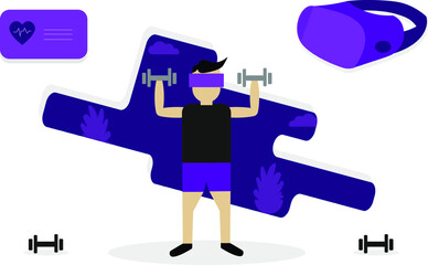 VR Workout Concept. VR Fitness Gym, Smart Experience, Sport and Health Monitor Abstract. Male Character with Dumbbell.