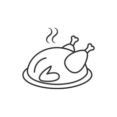 Whole chicken cooked lying on a plate, linear outline icon, vector illustration.