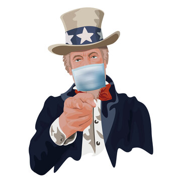 Concept patriotique américain avec le symbole de l’Oncle Sam qui pointe du doigt le citoyen américain pour lui ordonner de porter un masque chirurgical et se faire vacciner.