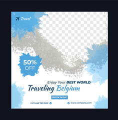 Naklejka na ściany i meble Travel sale social media post template. Web banner, flyer or poster for travelling agency business offer promotion. Holiday and tour advertisement banner design.