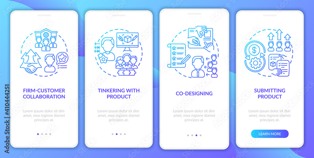 Aufkleber co creation types onboarding mobile app page screen with concepts. tinkering with product, submittin