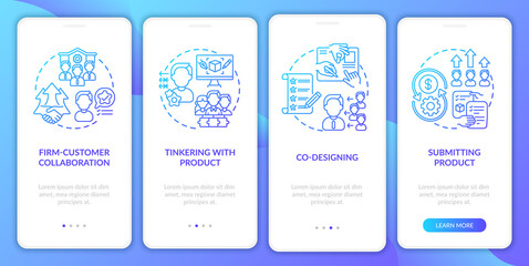 Co creation types onboarding mobile app page screen with concepts. Tinkering with product, submitting project walkthrough 4 steps graphic instructions. UI vector template with RGB color illustrations