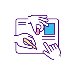 Workplace cooperation RGB color icon. Collaborative development. Working productively toward common goal. Co-creation process. Resolving, improving common concern issues. Isolated vector illustration