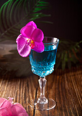 Summer tropical blue cocktail decorated purple orchid flower on the wooden background