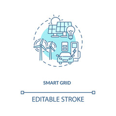 Smart grid concept icon. Cyber-physical systems application idea thin line illustration. Smart appliances. Renewable energy resources. Vector isolated outline RGB color drawing. Editable stroke